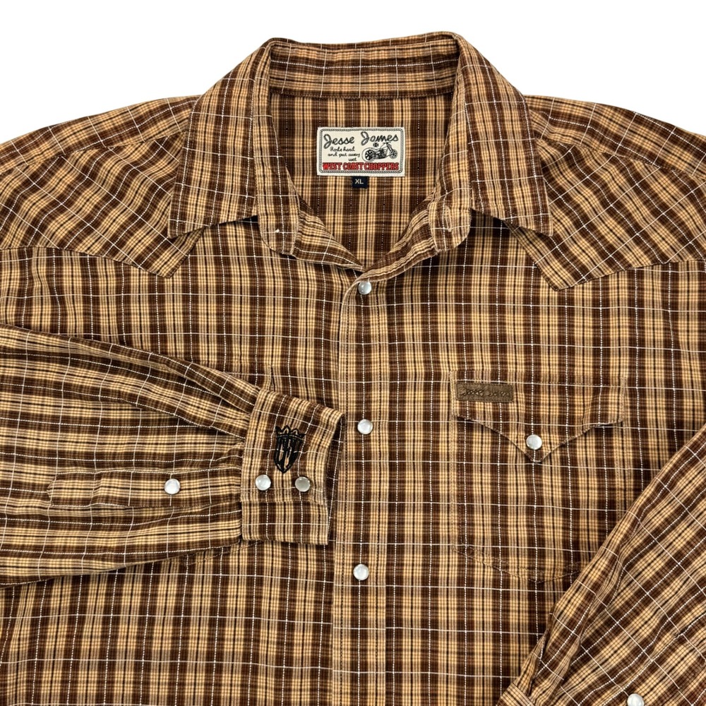 West Coast Choppers Jesse James Brown Plaid Western Pearl Snap Shirt Mens XL